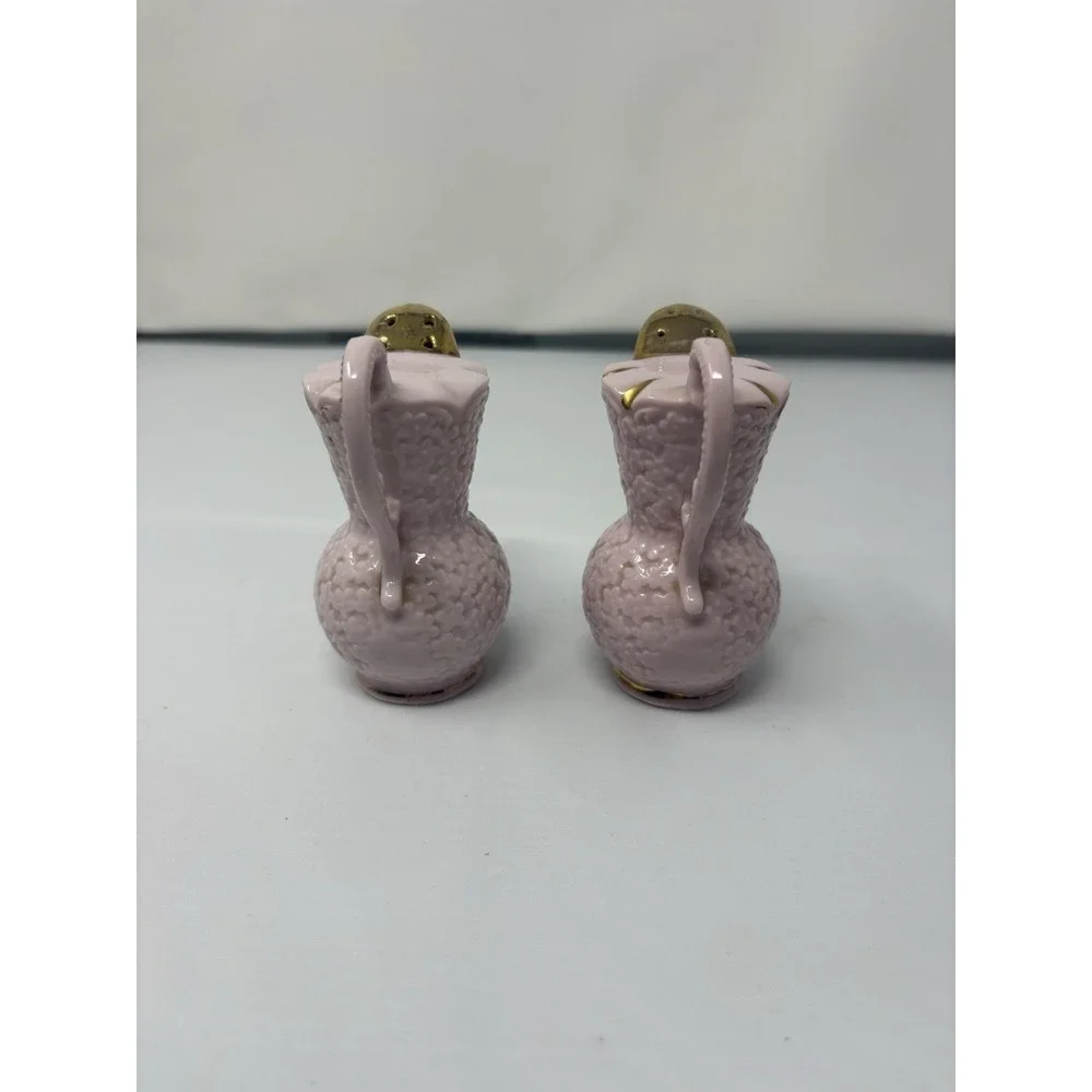 Vintage Pink Gold Pitcher Case Salt & Pepper Shakers 1950's Wooden Cork MCM